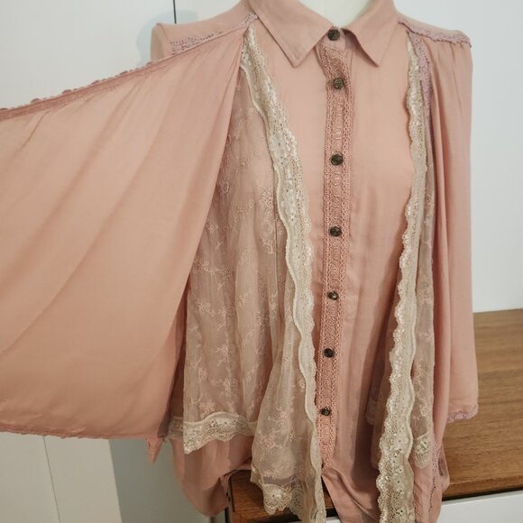 AXES FEMME Japanese Romantic boho style lace layered pink button up size med - Picture 2 of 12
